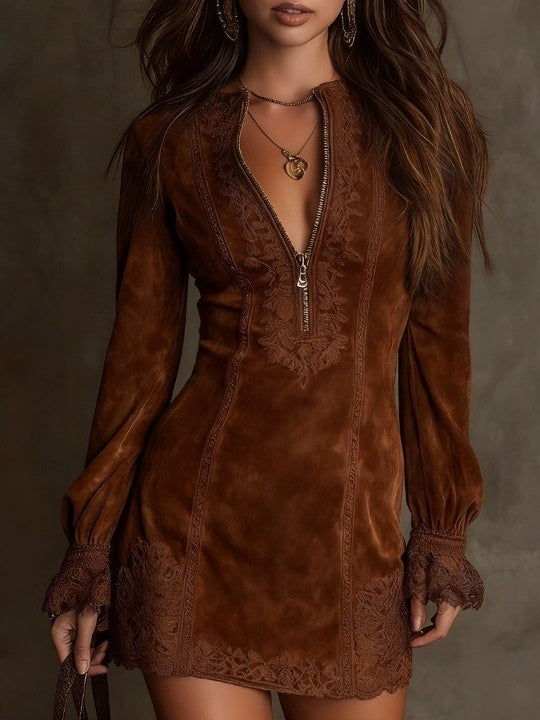 Addison | Suede Lace Trim Mini Dress 1