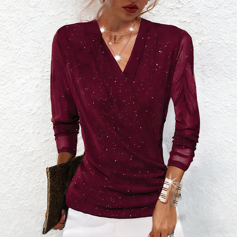 Althea | Sparkling Crossover V-Neck Mesh Sleeve Top 2
