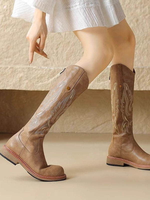 Brown embroidered back zipper long boots 0
