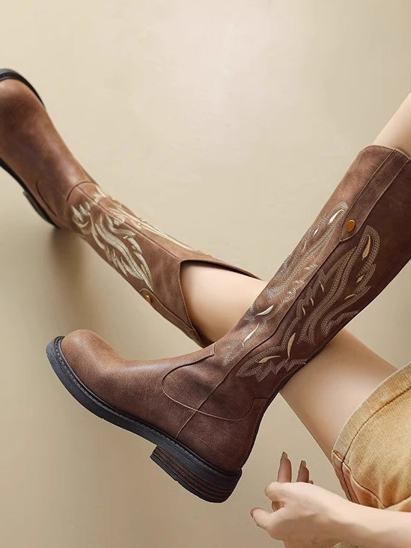 Brown embroidered back zipper long boots 2