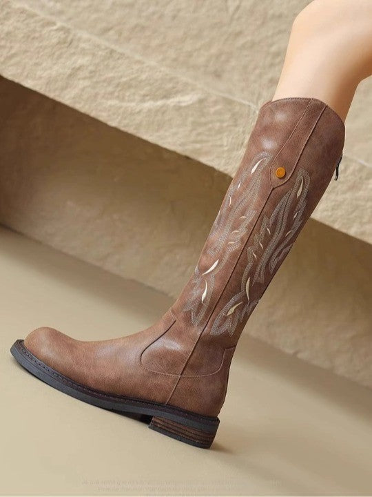 Brown embroidered back zipper long boots 4