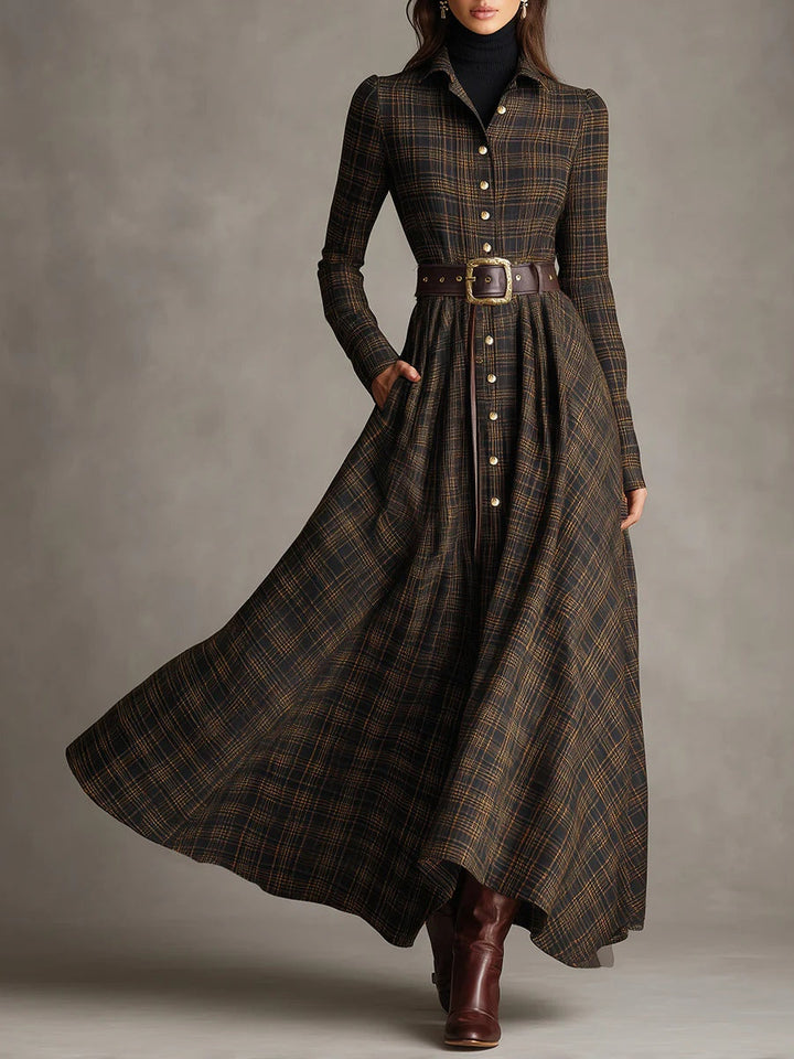 Clara | Brown Plaid Shirt Long Dress 0