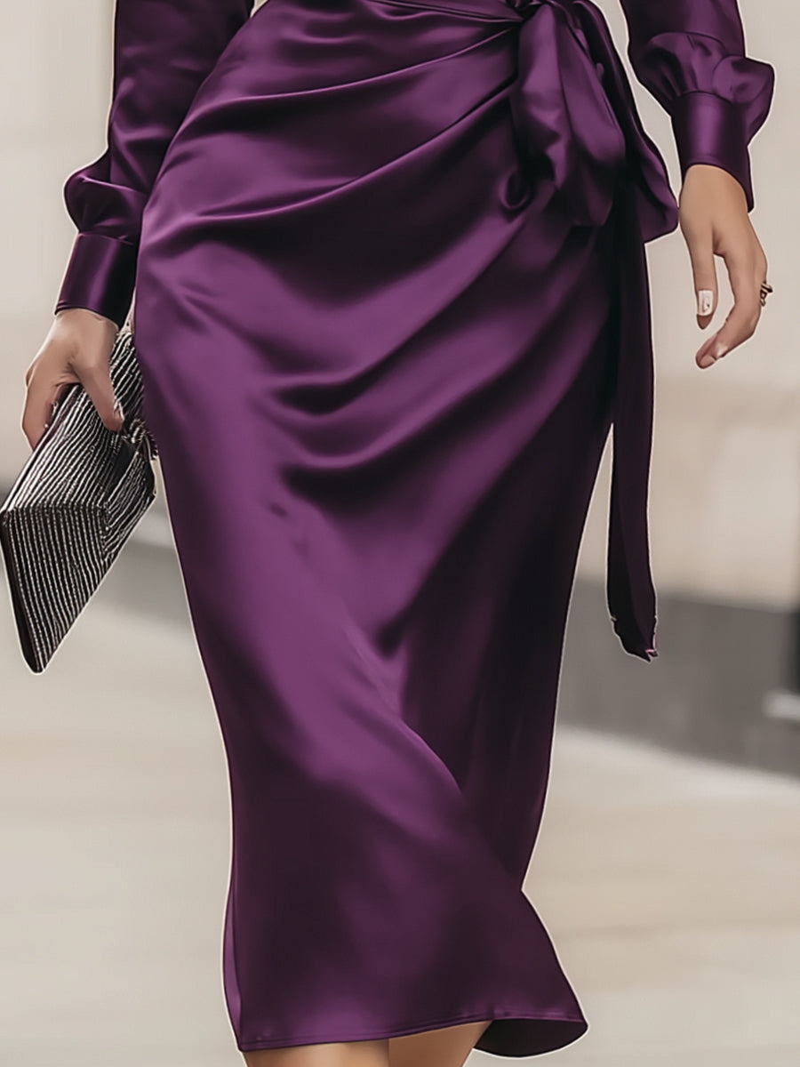 Clara | Deep Plum Satin Wrap Midi Dress 3