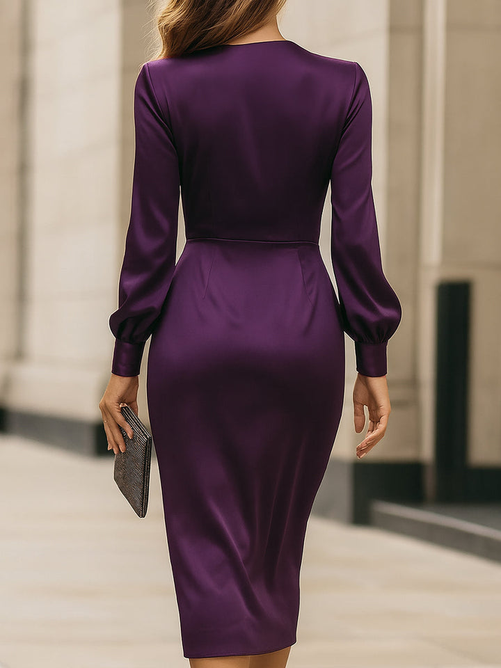 Clara | Deep Plum Satin Wrap Midi Dress 4