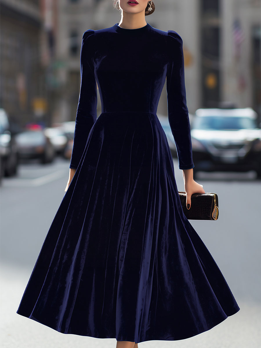 Elissa | Navy Blue Long-Sleeve Midi Dress 0