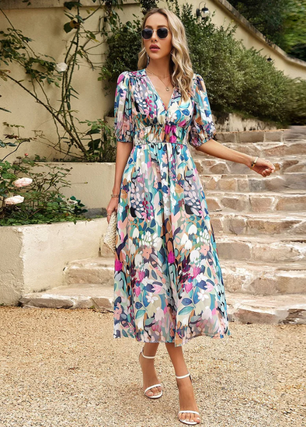 Estella™ | Flattering Floral Midi Dress for Wedding Guests 0