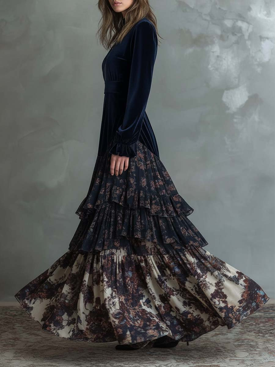 Molly | Velvet and Chiffon Floral Print Maxi Dress 1