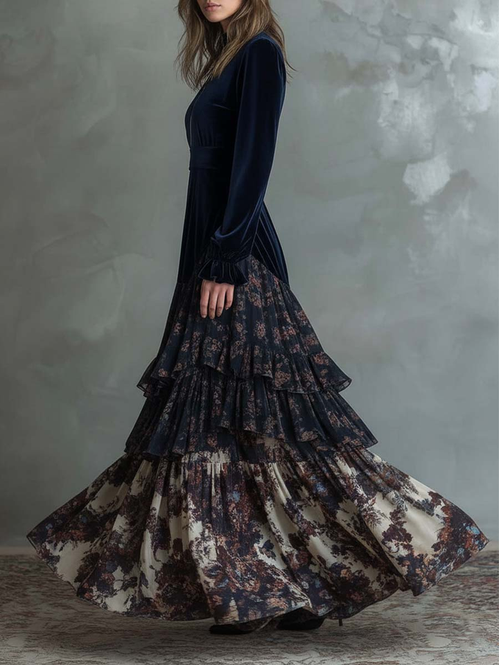 Molly | Velvet and Chiffon Floral Print Maxi Dress 1