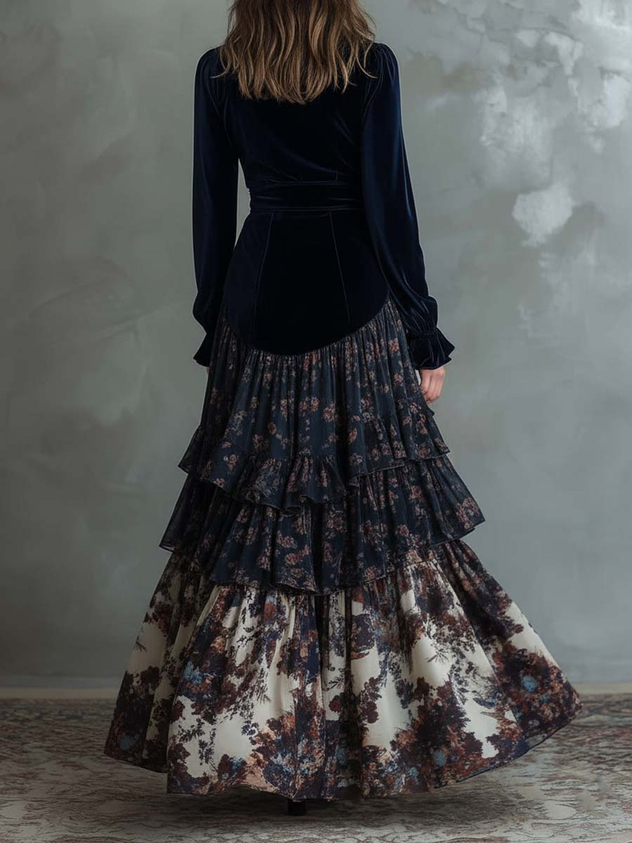 Molly | Velvet and Chiffon Floral Print Maxi Dress 2