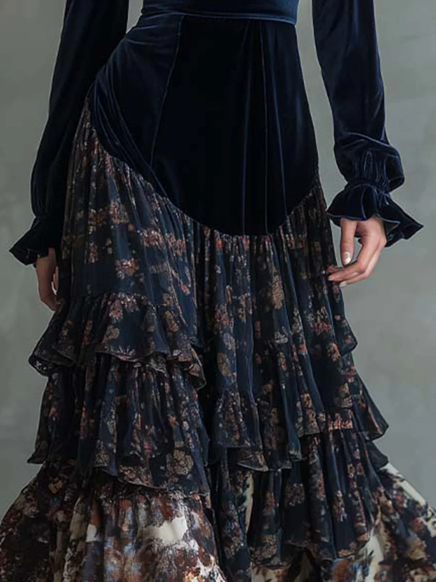 Molly | Velvet and Chiffon Floral Print Maxi Dress 4
