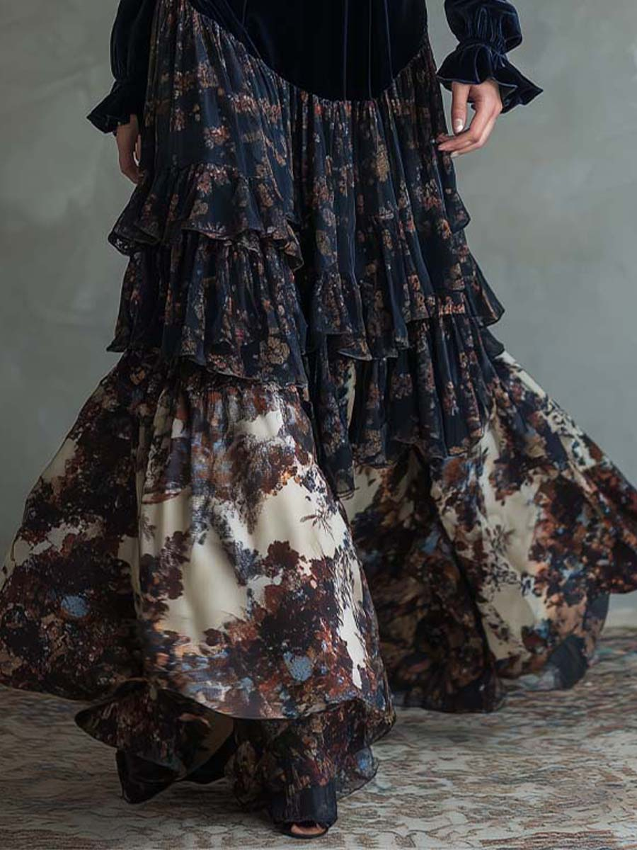 Molly | Velvet and Chiffon Floral Print Maxi Dress 6