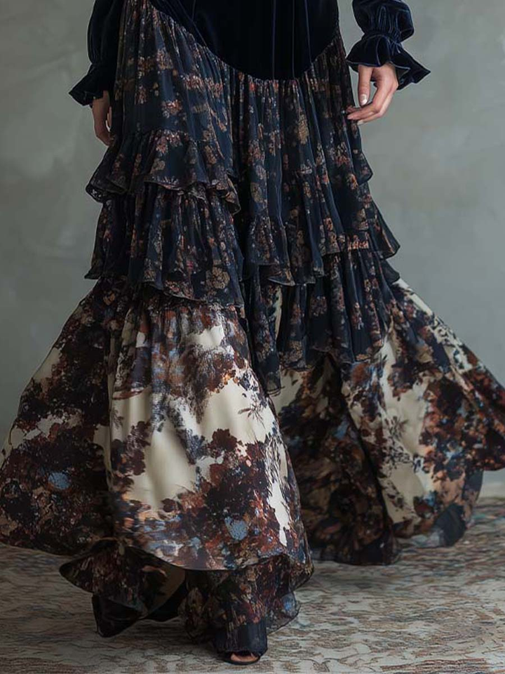 Molly | Velvet and Chiffon Floral Print Maxi Dress 6