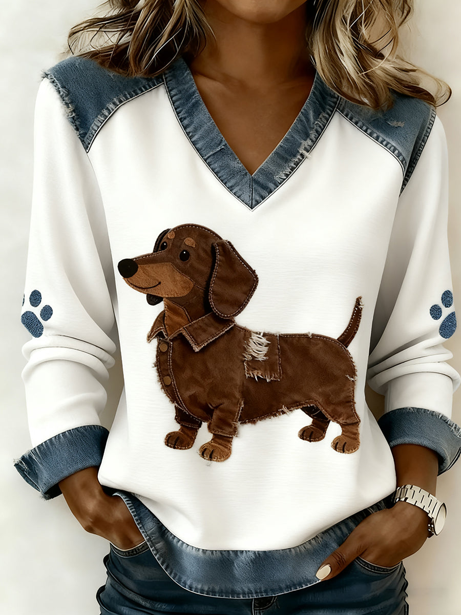 Paloma - Women's Retro Top with V-Neck, Animal Print Patchwork, Comfortable and Loose Fit 0