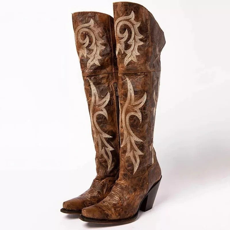 Retro pattern high-heeled thick-heeled high boots 0
