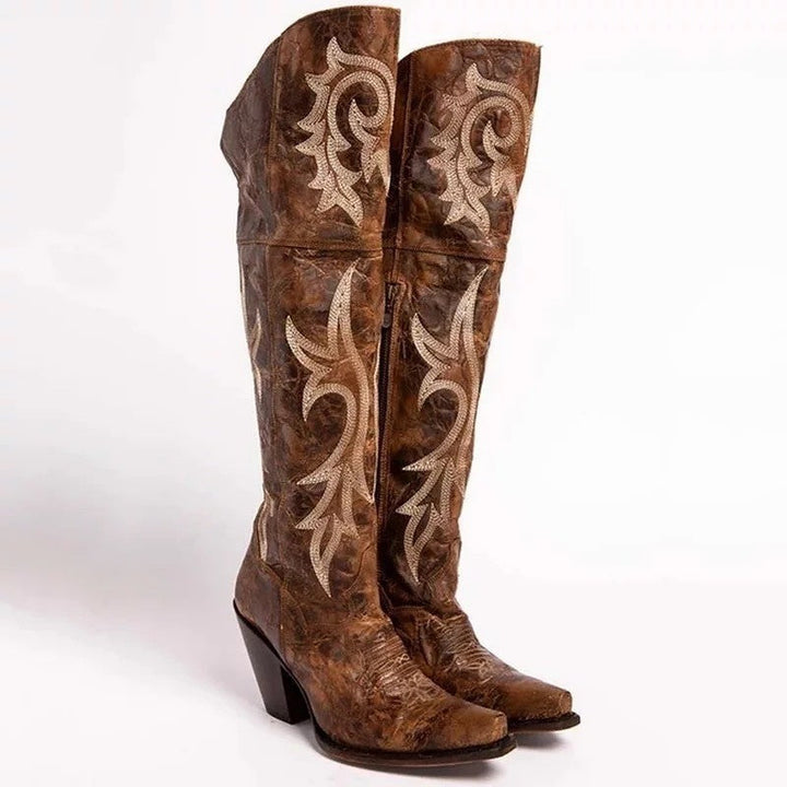 Retro pattern high-heeled thick-heeled high boots 1