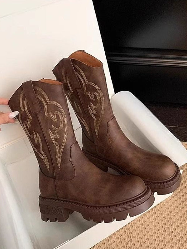 Retro soft leather thick-soled versatile mid-calf boots star_border 0