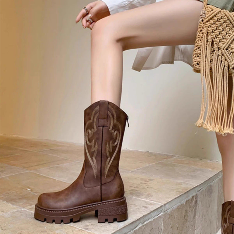 Retro soft leather thick-soled versatile mid-calf boots star_border 2