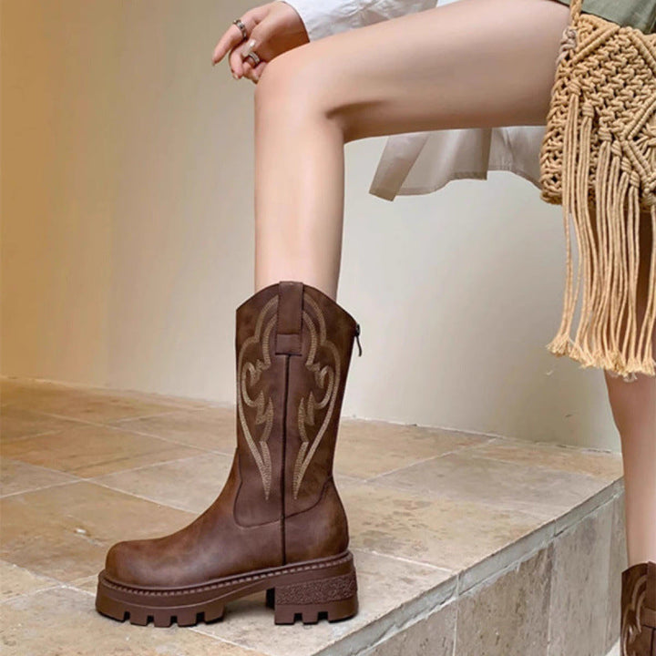 Retro soft leather thick-soled versatile mid-calf boots star_border 2