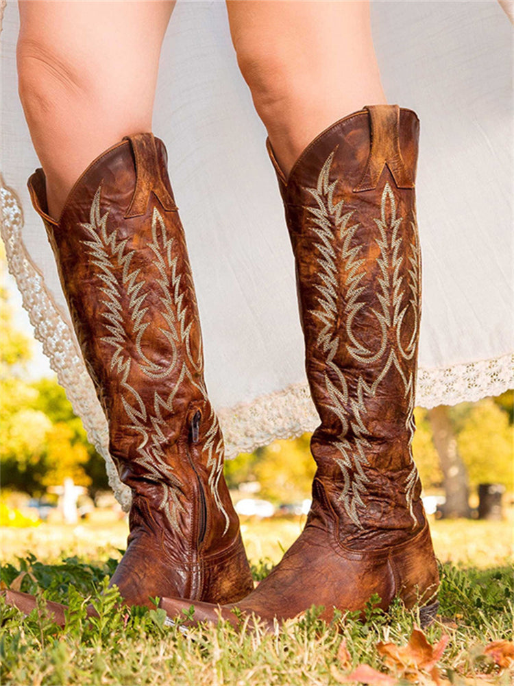 Vintage Western Cowboy Embroidered Knee-High Boots 0
