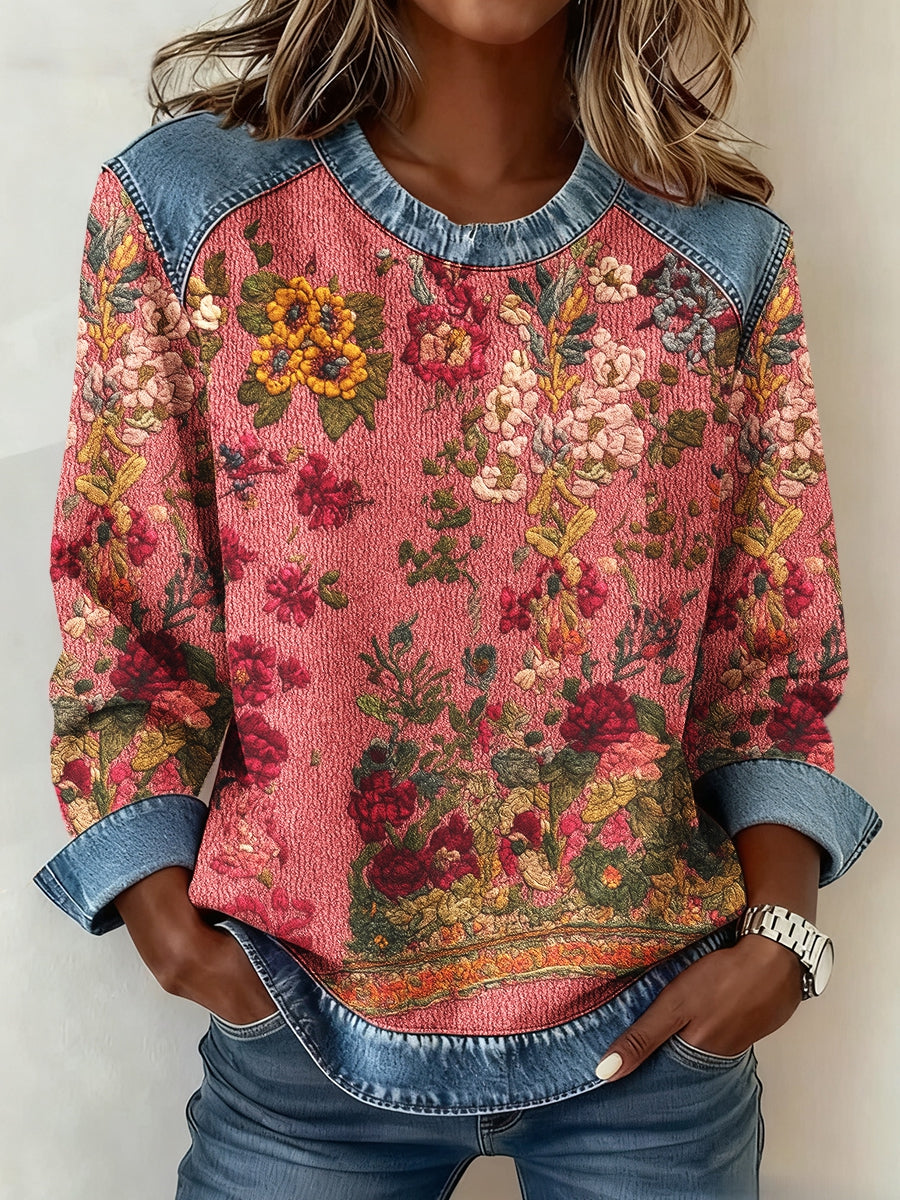 Women's Breast Cancer Awareness Floral 3D Print Denim Sweatshirt 0