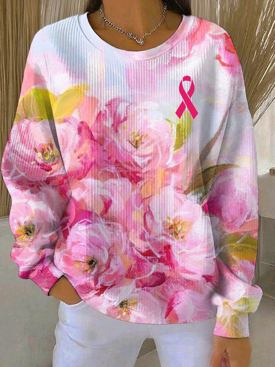 Women's Breast Cancer Pink Floral Print Casual Sweatshirt 0
