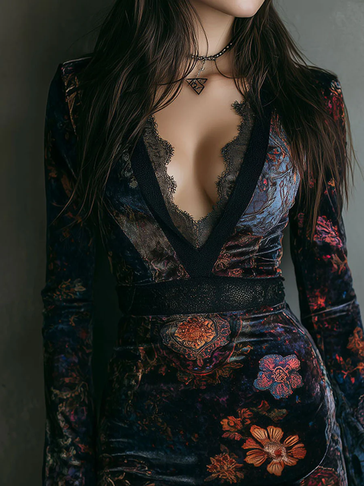 Lunori™ | Sofia Floral Velvet Mini Dress